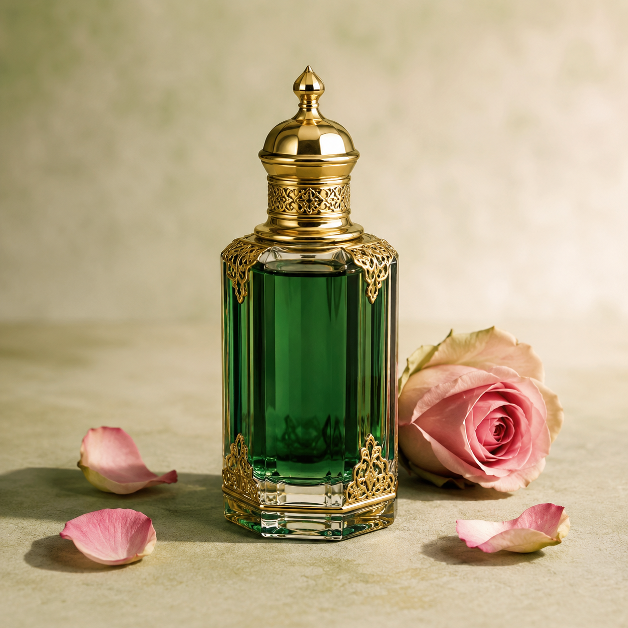 Ittar perfume bottle with petals