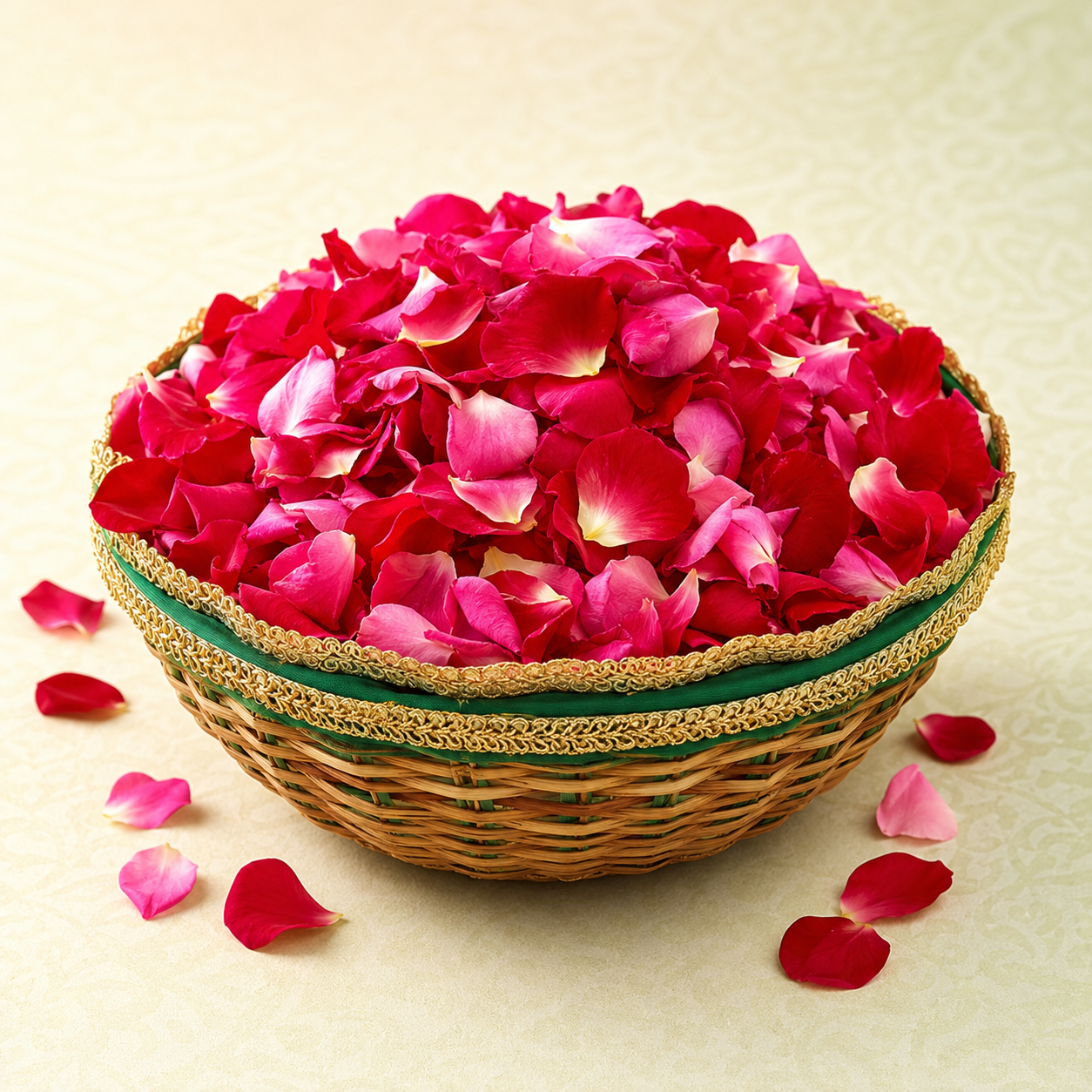 Basket filled with rose petals